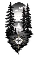 forest, sunset, compass, pine trees, tattoo design idea