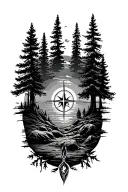 forest, sunset, compass, pine trees, tattoo design idea