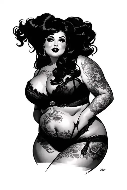 Pin Up BBW Girl, Long Black Hair, Wearing Lingerie, Sexy Pose, Seductive, Small breast, Big belly, Big ass, Wide legs tattoo design idea
