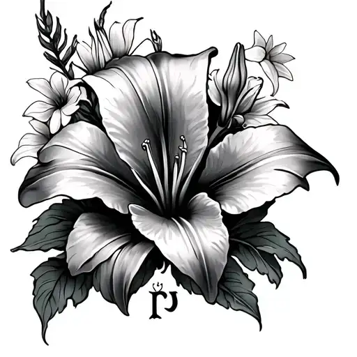 a tattoo that has a stargazer Lilly in the focal point with a K and p hidden in it with other flowers surounging it tattoo design idea