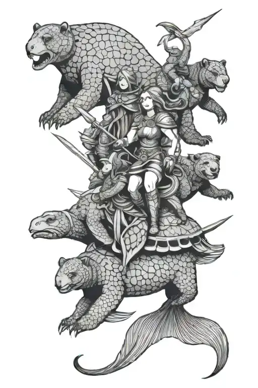 mermaid and turtle and bear warriors riding into battle tattoo design idea