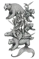mermaid and turtle and bear warriors riding into battle tattoo design idea