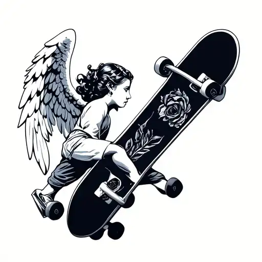 Angel facing sideways holding a skateboard — minimalist outline version to fit the patchwork look tattoo design idea
