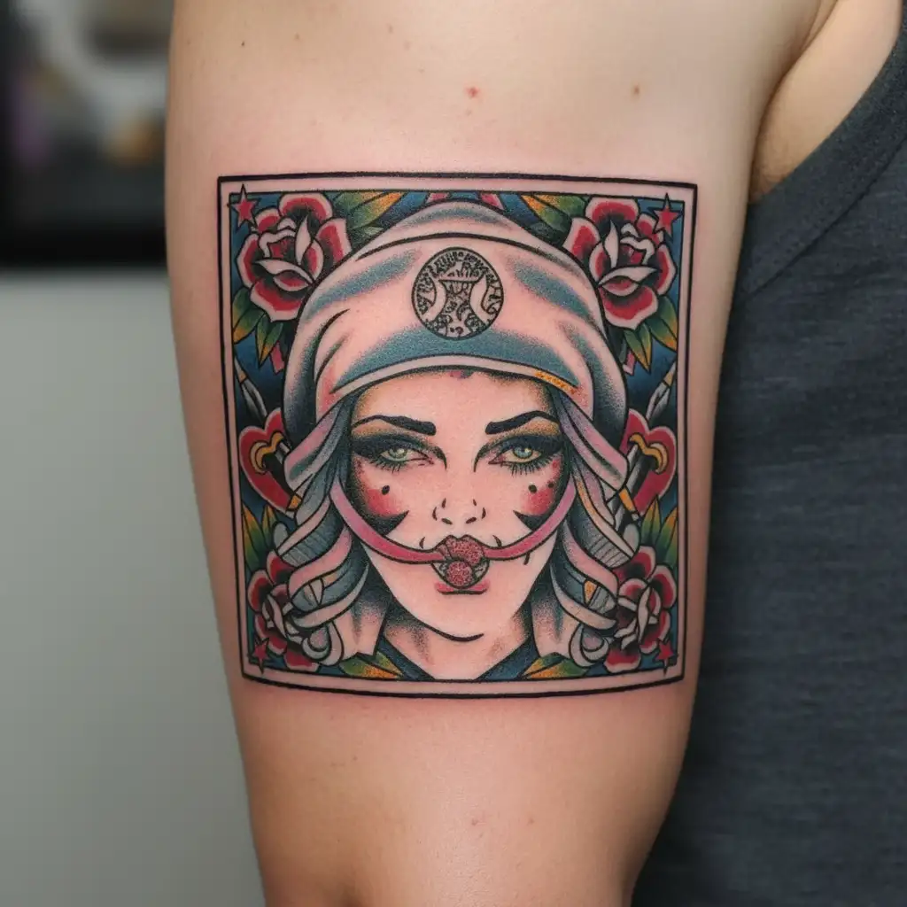 gypsy crying with a bandana that has pigs on it tattoo design idea