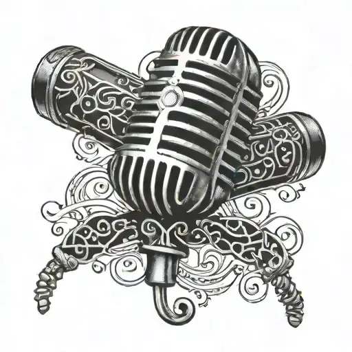 A detailed blackwork tattoo of a microphone intertwined with musical notes and lyrics in Farsi script tattoo design idea