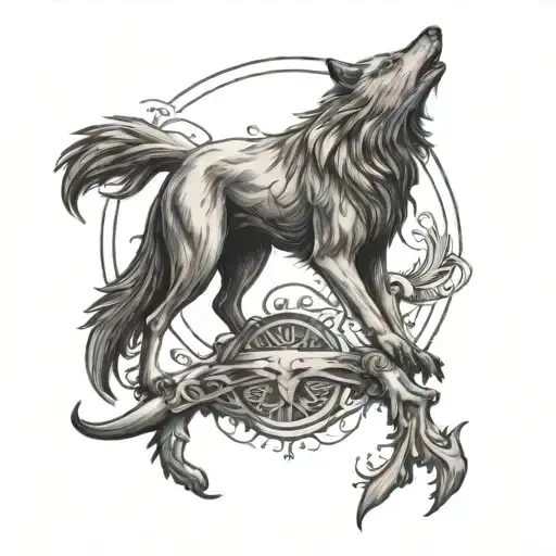 create a sketch of a tattoo on the spine based on the seal of Veles wolf and mermaid tattoo design idea