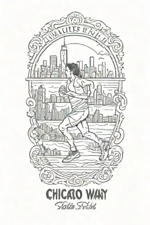 Runner sillouette with Chicago Skyline in background with Latin phrase "either I will find a way or I will do it" tattoo design idea
