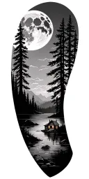 moon over Forest skyline, a frame cabin on lake tattoo design idea