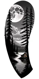 moon over Forest skyline, a frame cabin on lake tattoo design idea