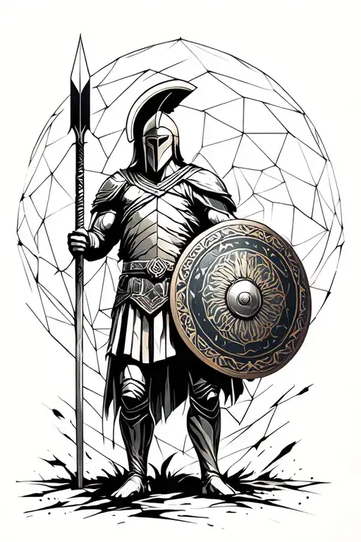 spartan looking in front with shield and spear tattoo design idea