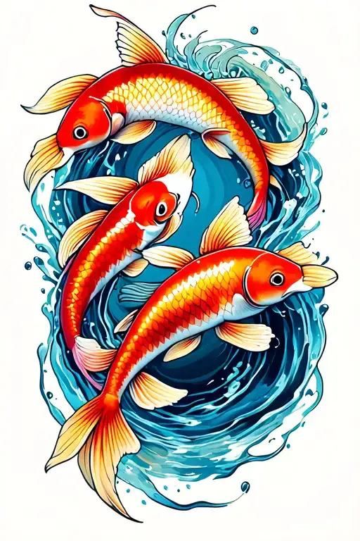 two koi and gold fish circling the knee. one orange and red and one blue and pink. incorporate blue water into it.  tattoo design idea