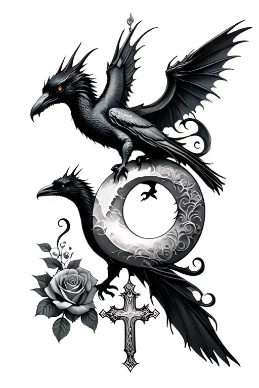 dragons, crows, roses, crescent moon, cross tattoo design idea