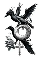 dragons, crows, roses, crescent moon, cross tattoo design idea