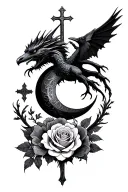 dragons, crows, roses, crescent moon, cross tattoo design idea