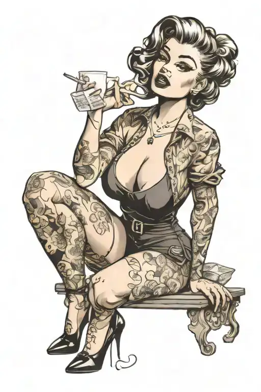 sexy pin up girl, no clothes on, minimal clothing, nakedm voluptuous, beautiful, full body. all body parts.  no deform tattoo design idea