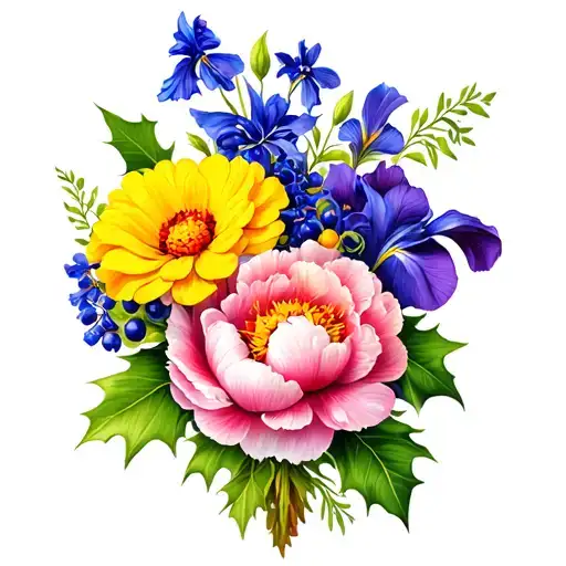 Design A tattoo of a Bouquet of flowers in yellow Marigold, blue Larkspur, Holly with berries, purple Iris, pink Peony,  tattoo design idea