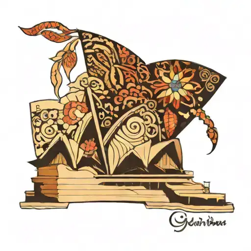 side view of sydney opera house with aboriginal flowers tattoo design idea