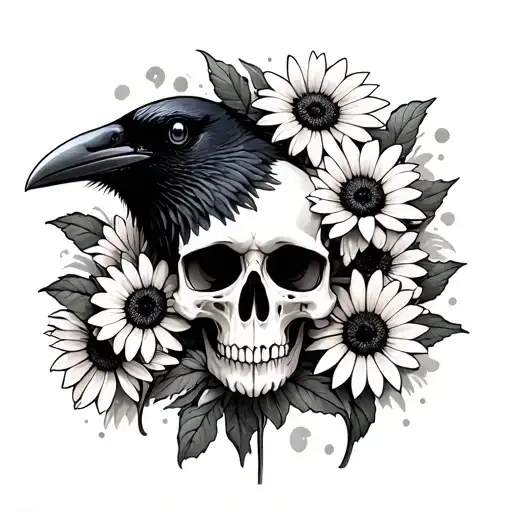 crow skull and black eyed Susans tattoo design idea
