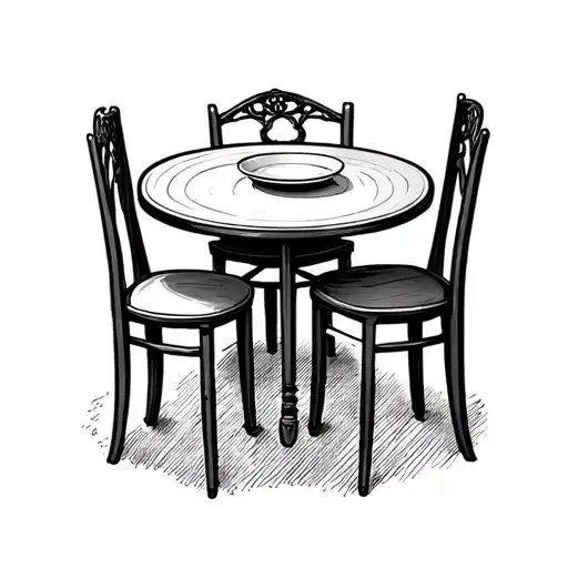 a table with 4 chairs, but one of them a little further back and not so outlined, and in front of it an empty plate  tattoo design idea
