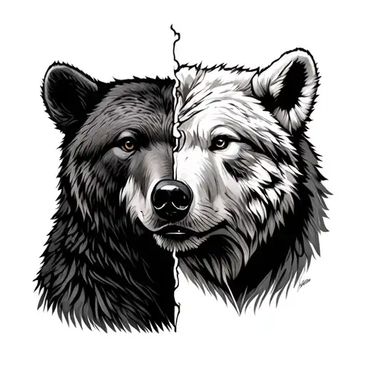 bear defending bear cub against wolfs face split tattoo design idea