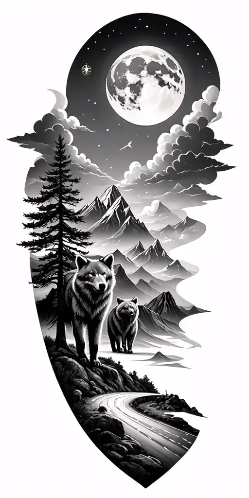 full sleeve from wirst to neck. tree moon mountains clouds compass road wolf bear tattoo design idea
