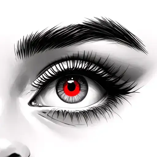 Women's eyes (almond) eyeliner, finite eyebrows, eyelashes and red iris tattoo design idea