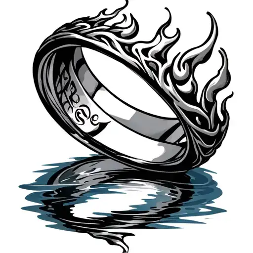 A wedding ring band tattoo featuring Demon Slayer themes. The design includes intertwining flame and water  tattoo design idea