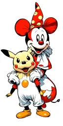 Mickey Mouse and pikachu with clown makeup. Mickey have a pennywise onesie on and pikachu has a ghost face onesie on  tattoo design idea
