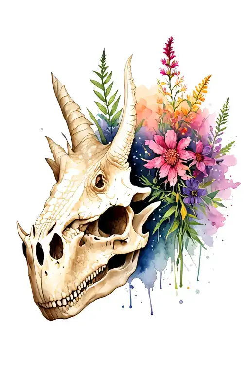 pachyrhinosaurus skull and fireweed flowers blooming tattoo design idea