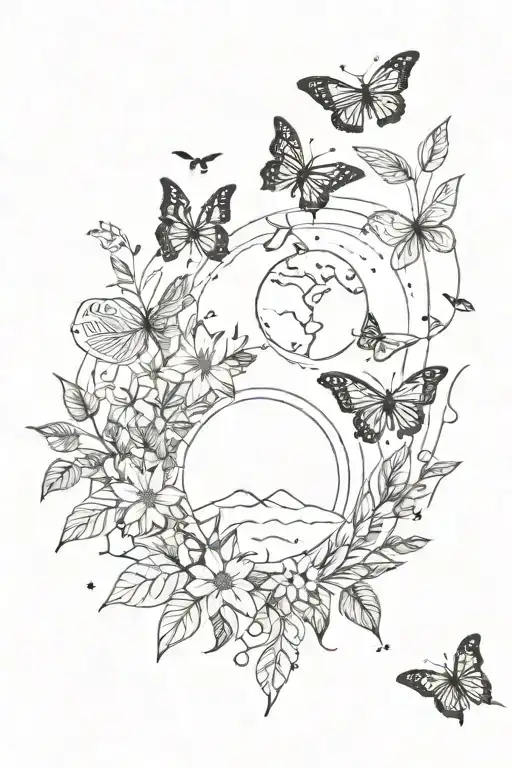 womens fine line sleeve tattoo with plants, moon, sun, stars, butterflies, and leaves tattoo design idea