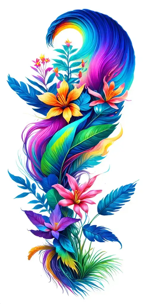 weave of colours blending to plants and animals tattoo design idea
