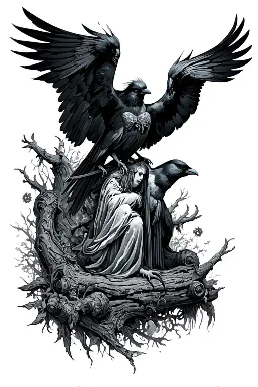 incubus, whore, graveyard, druids, crows separately flying tattoo design idea