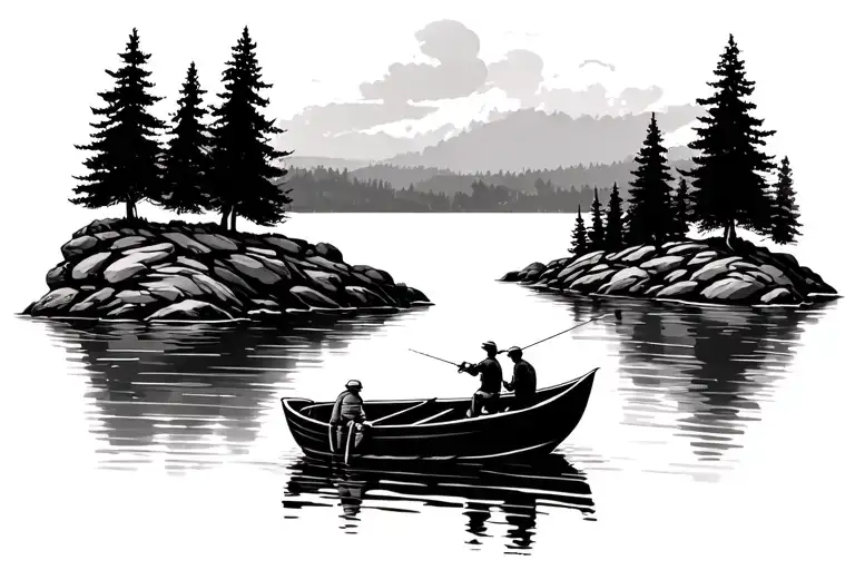 rocky shoreline with trees on the other side and a row boat with two people fishing tattoo design idea