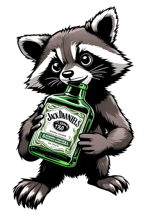 cartoon raccoon holding jack daniels bottle tattoo design idea