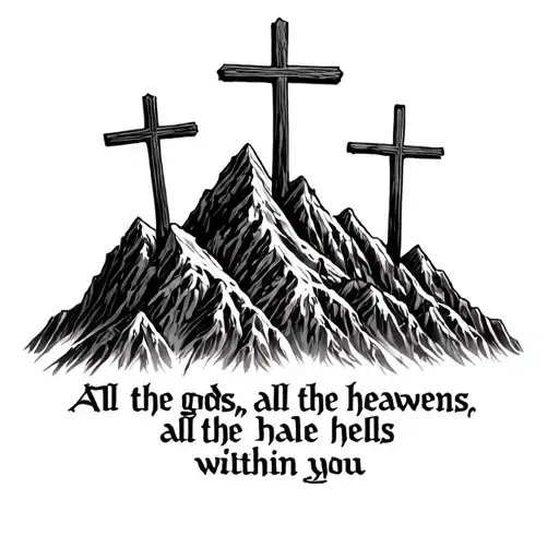 mountains with 3 crosses on them with the text "All the gods, all the heavens, all the hells are within you." under it  tattoo design idea