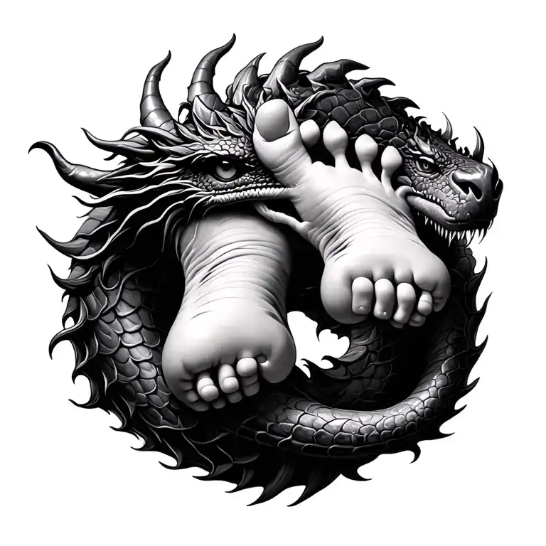 baby foot print on a dragon intertwined tattoo design idea