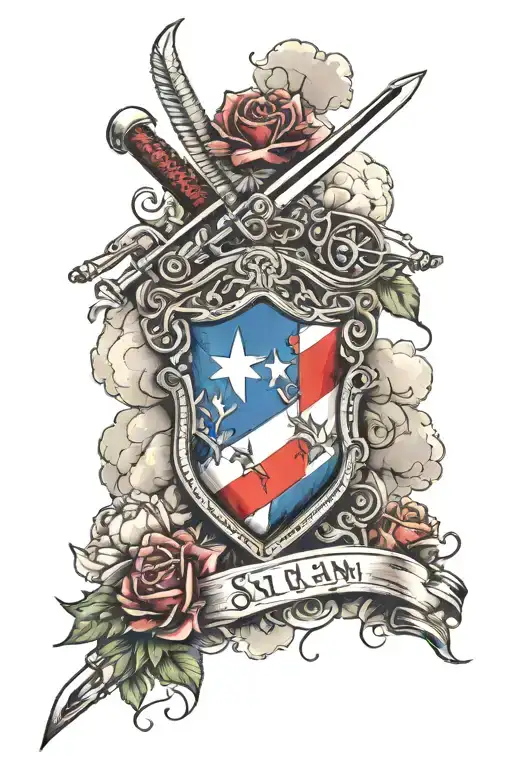 Syrian flag Crossed swords sheild Fire, clouds, blood, bomb, flowers, sunset tattoo design idea