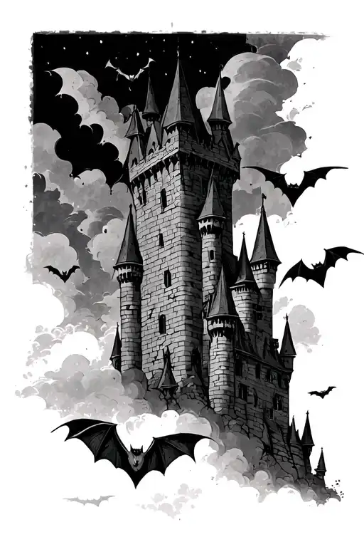 castle tower dark clouds upside down bats tattoo design idea