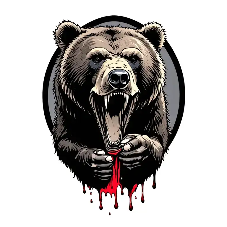 grizzly bear growling, leaking blood holding the engine v2 tattoo design idea