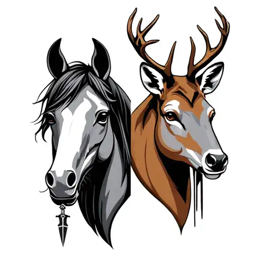 Two graphic designs: a horse head and a deer head in black and grey, with a dagger piercing through the heads and decora tattoo design idea