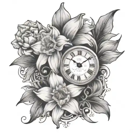 daffodil, clocks, and daughters names incorporated tattoo design idea
