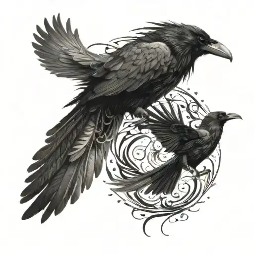 A raven and a crow circling together, intertwined in dynamic motion, with swirling feathers and a vibrant, textured look tattoo design idea