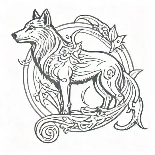 sketch of a tattoo based on the seal of Veles wolf and mermaid tattoo design idea