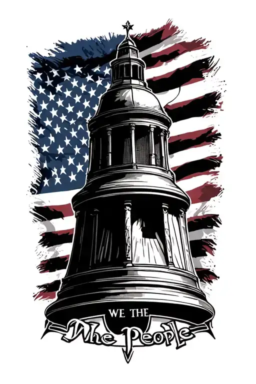 "we the people" with bell tower shape and american flag tattoo design idea
