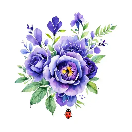 Design a modern watercolor tattoo with violets, iris, peonies, and purple roses. Include a complimenting ladybug that is tattoo design idea
