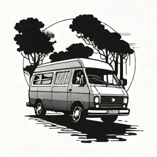 two transit van with two outlines of a head in window, stick and poke style tattoo design idea