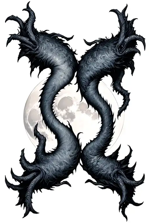 gemini split twin demon with moon in background tattoo design idea