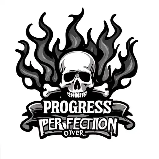 "progress over perfection" jolly roger flames tattoo design idea