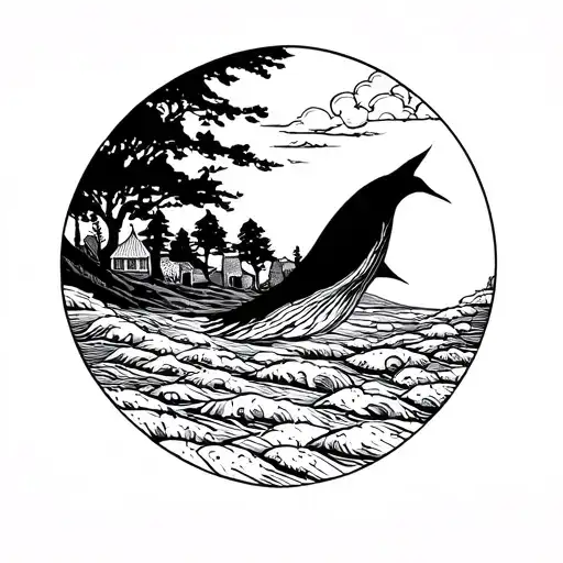 A blackwork tattoo design symbolizing migration to an unknown place, filled with stress, anxiety, and loneliness over re tattoo design idea