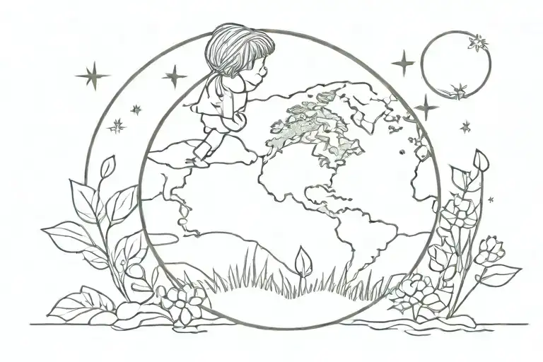 boy, clover, planet earth tattoo design idea
